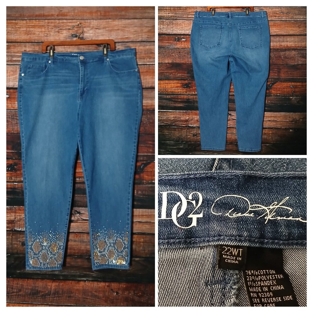 DG2 Diane Gilman Jeans Plus Size 22 WT Embellished Ankle Crop Blue Denim Stretch
